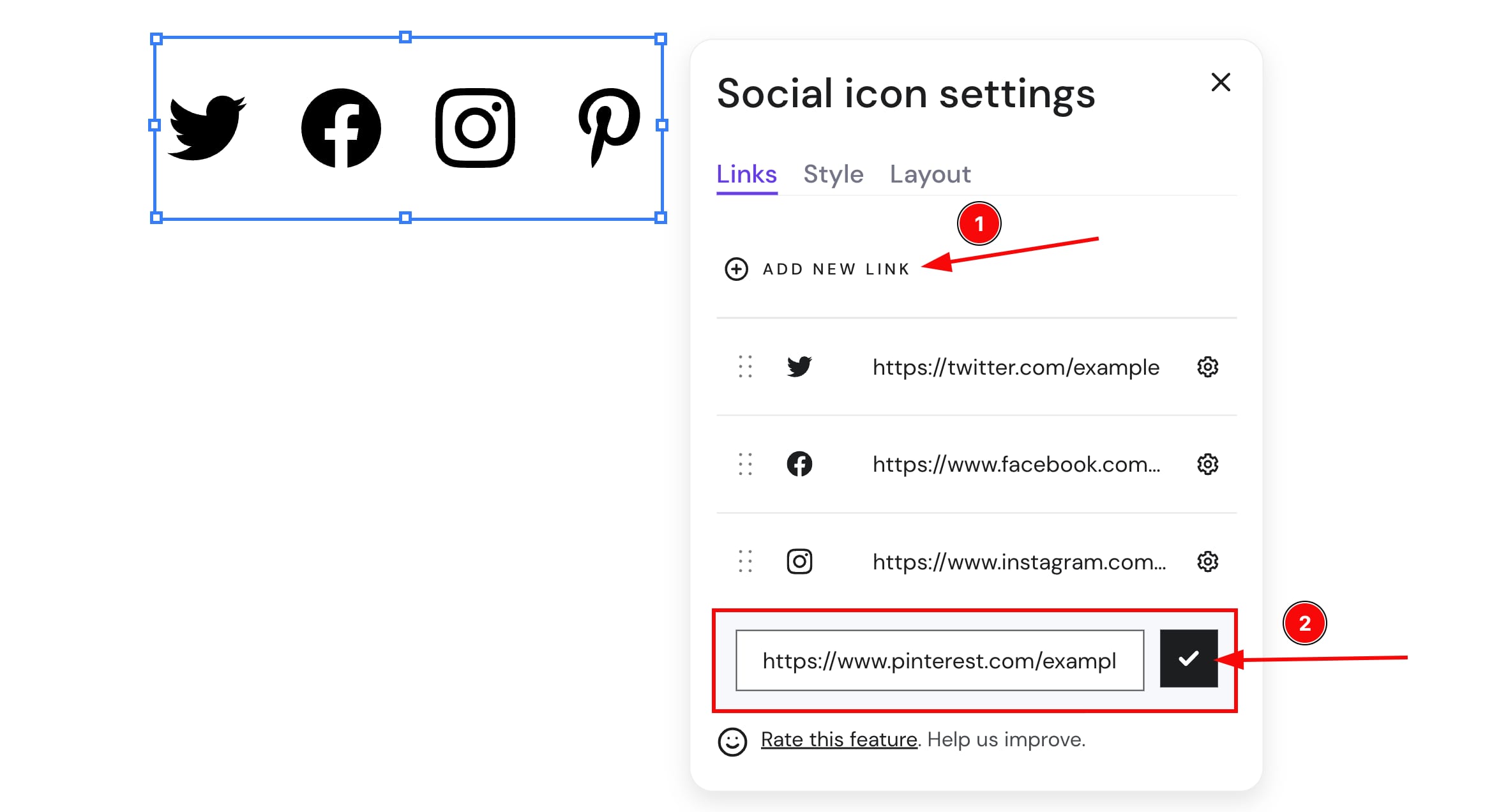 Using social icons element in Hostinger Website Builder