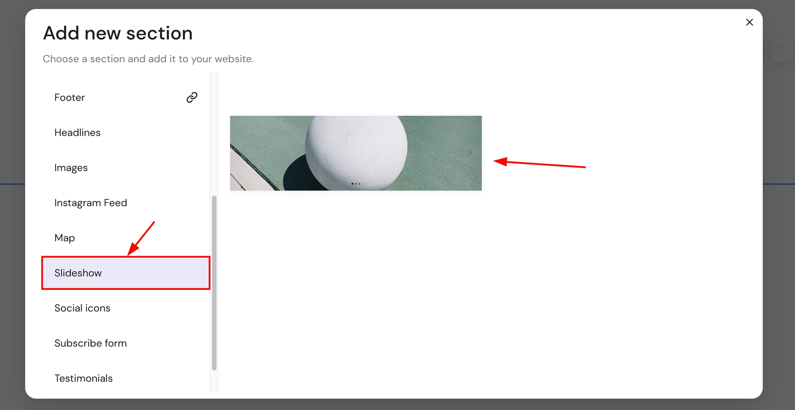 Inserting a slideshow section to a page