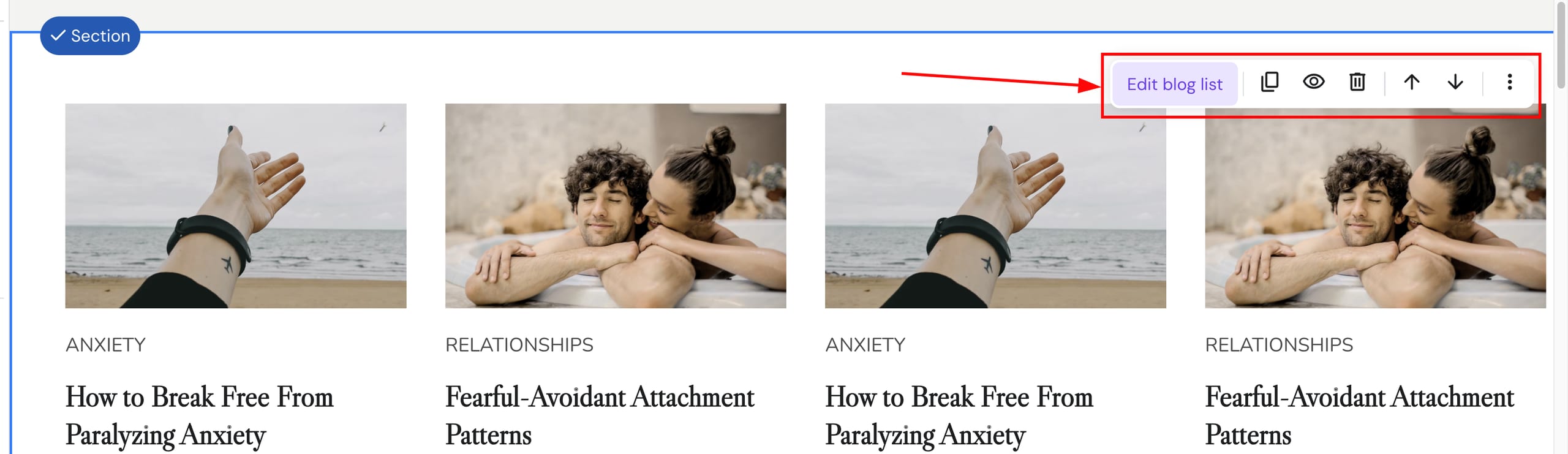 Blog section settings in Hostinger Website Builder