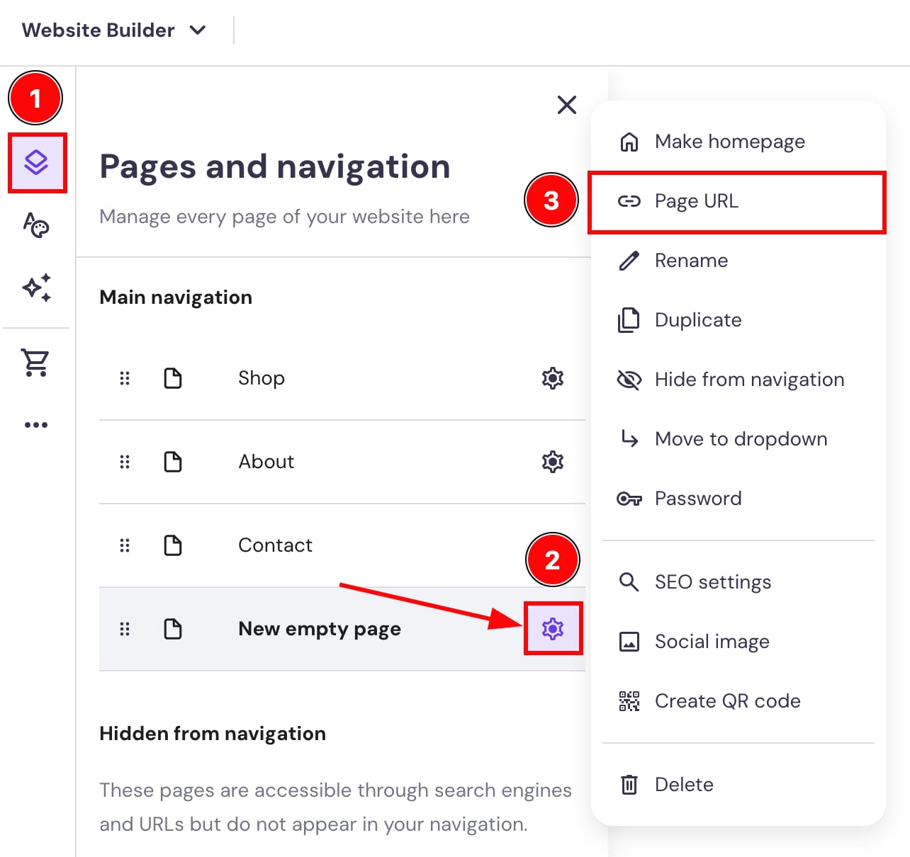 The page settings in Hostinger Website Builder