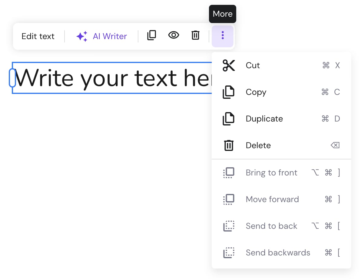 The editing options of a text element in Hostinger Website Builder
