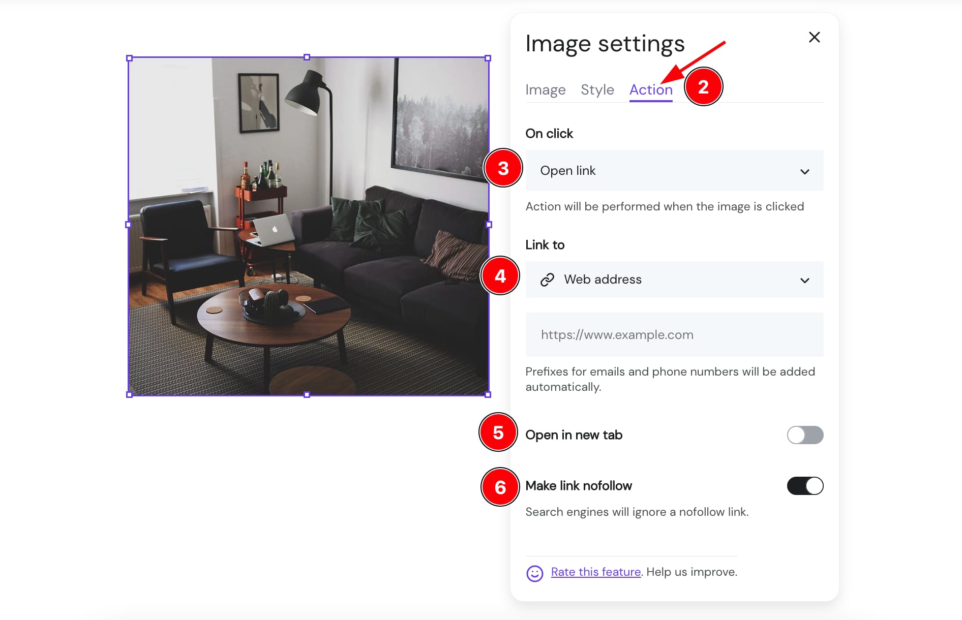 The Action tab in the Image settings allows opening a link upon a click on an image