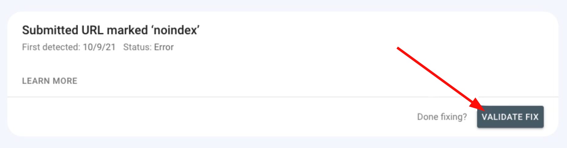 The Validate fix button in Google Search Console