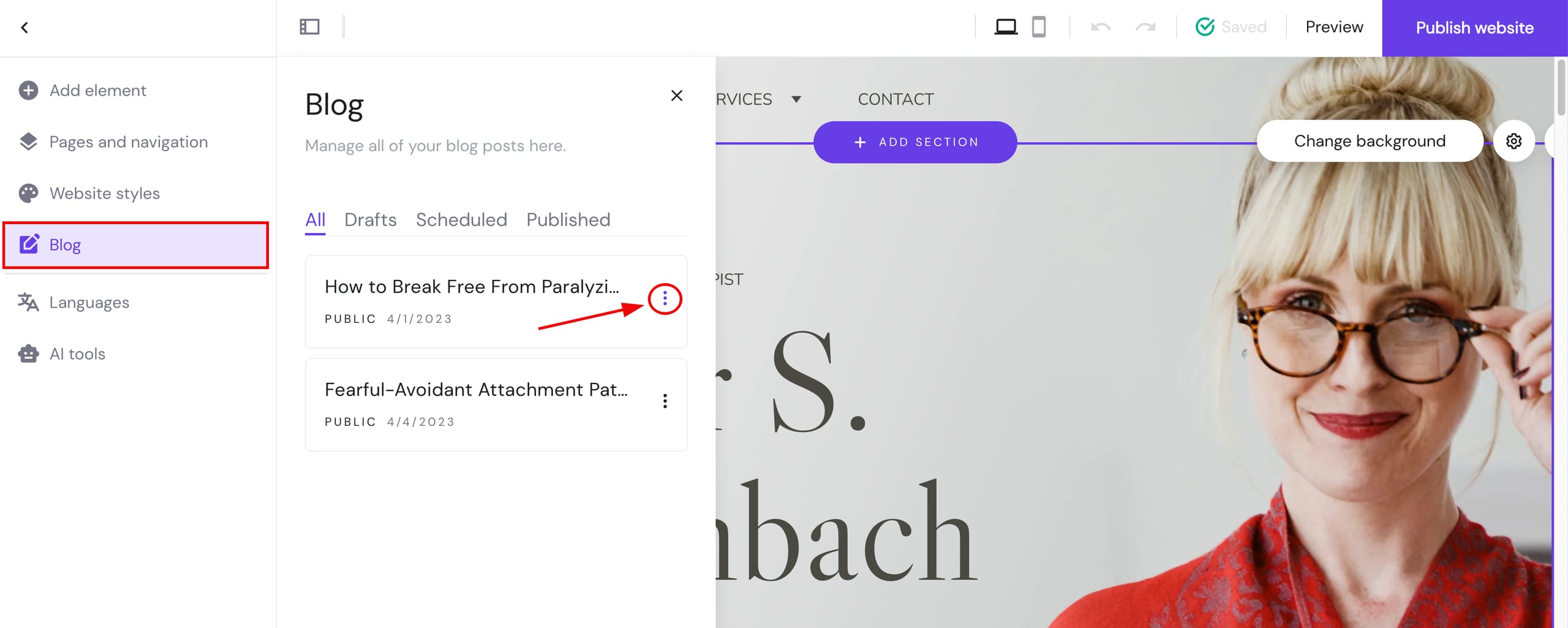 Accessing blog post settings in Hostinger Website Builder