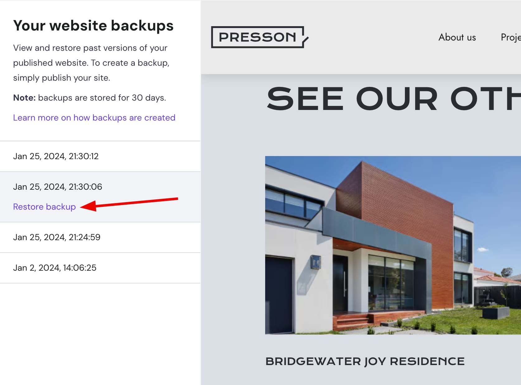 Restoring a preferred version of a website created with Hostinger Website Builder
