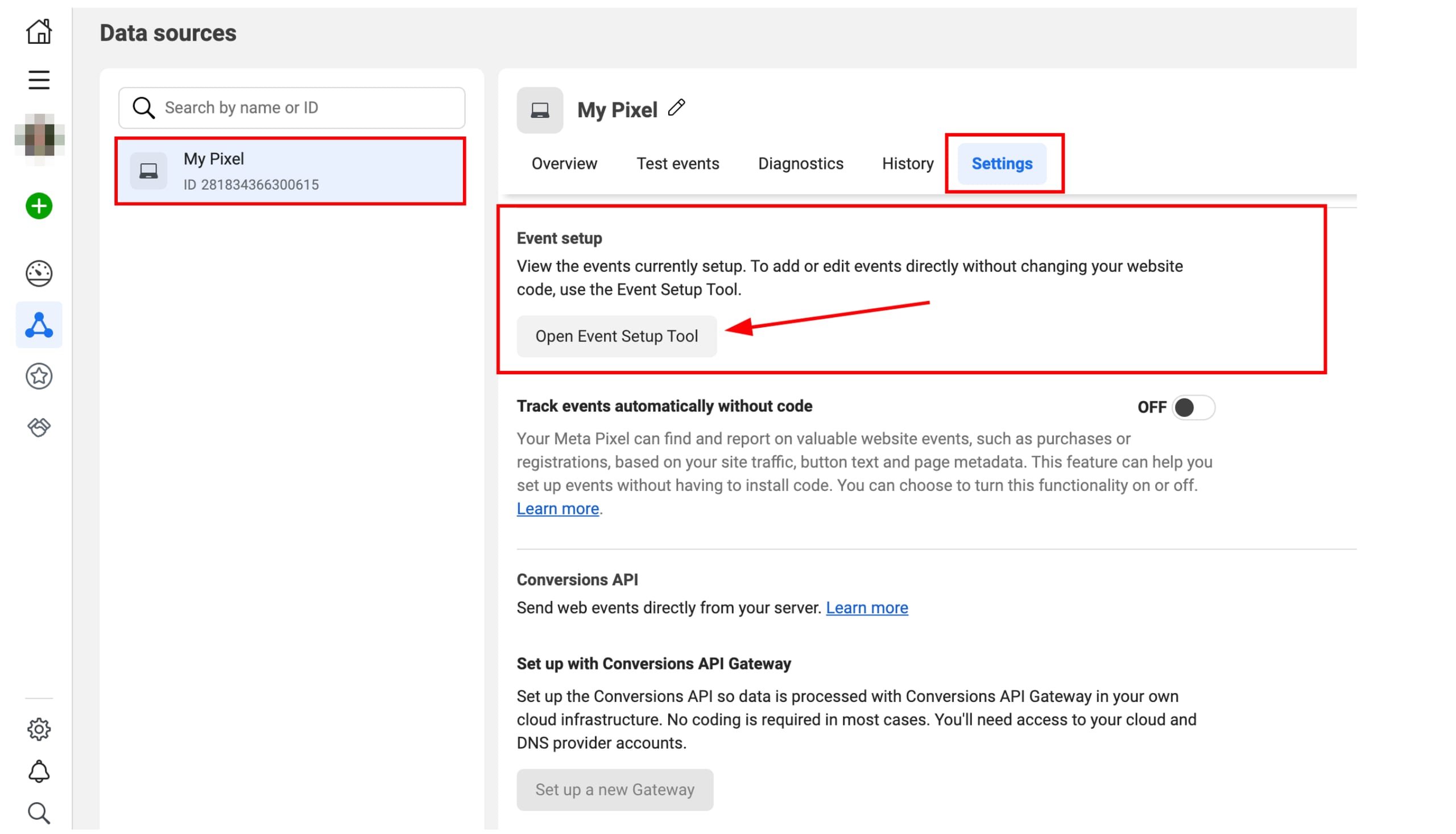 Event Setup tool on the Meta Business page