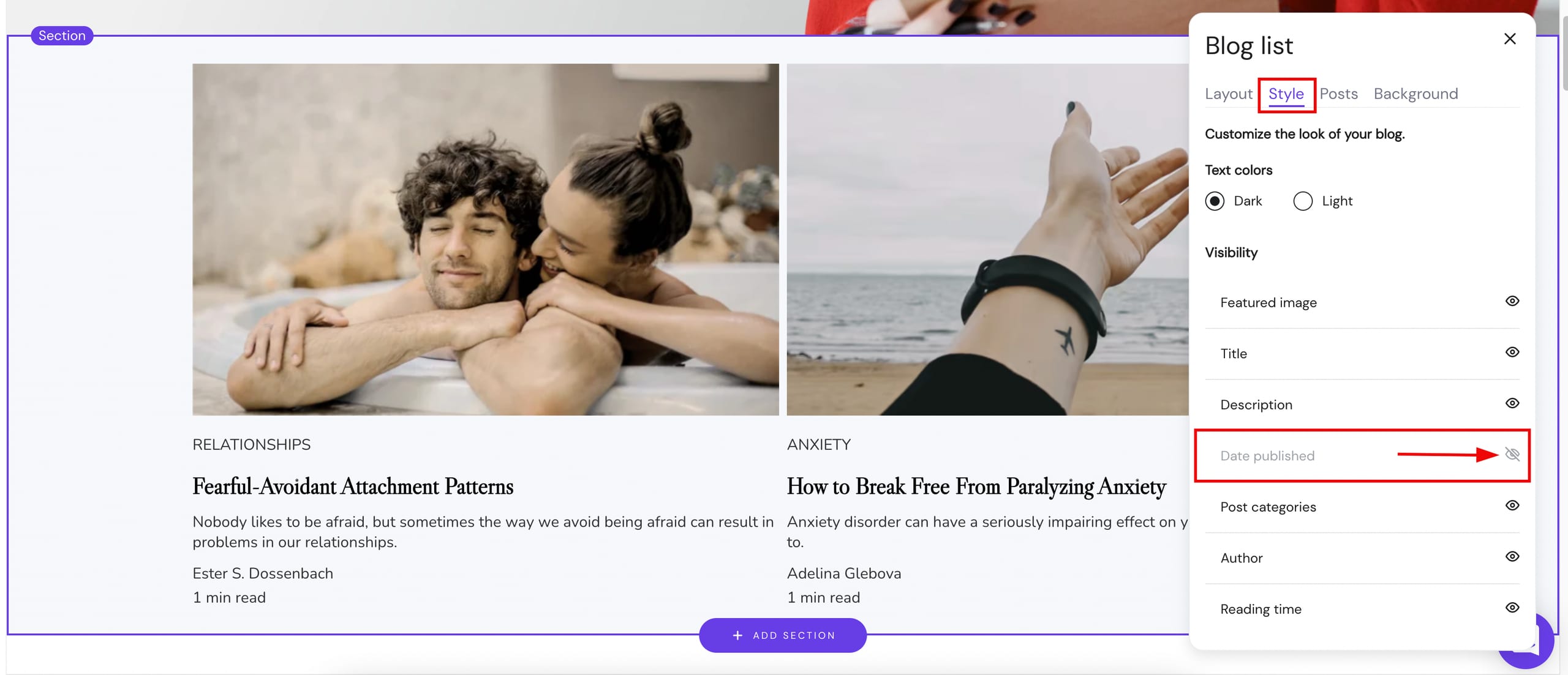 Blog section settings