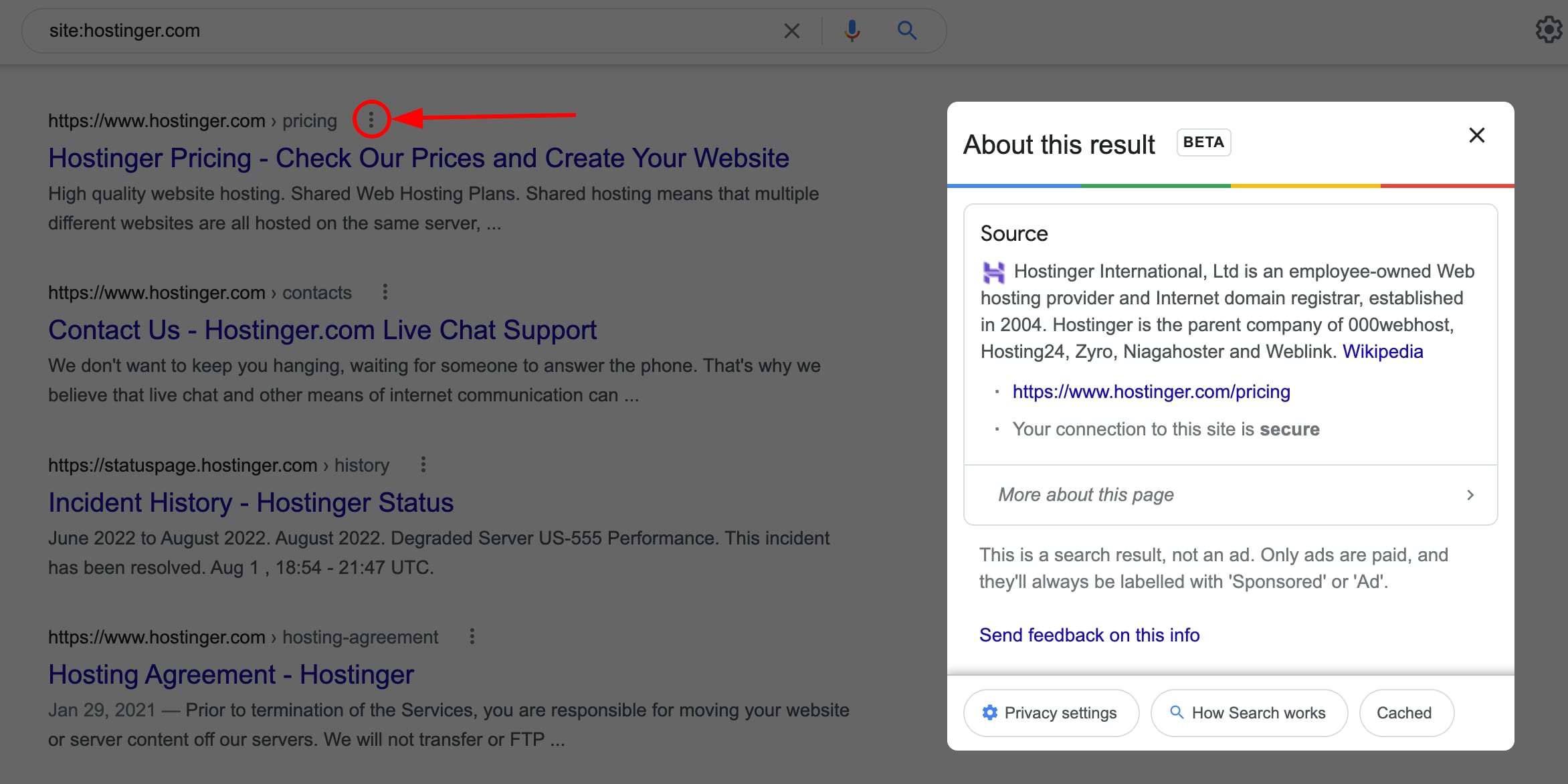 Viewing more details about a particular search result in Google