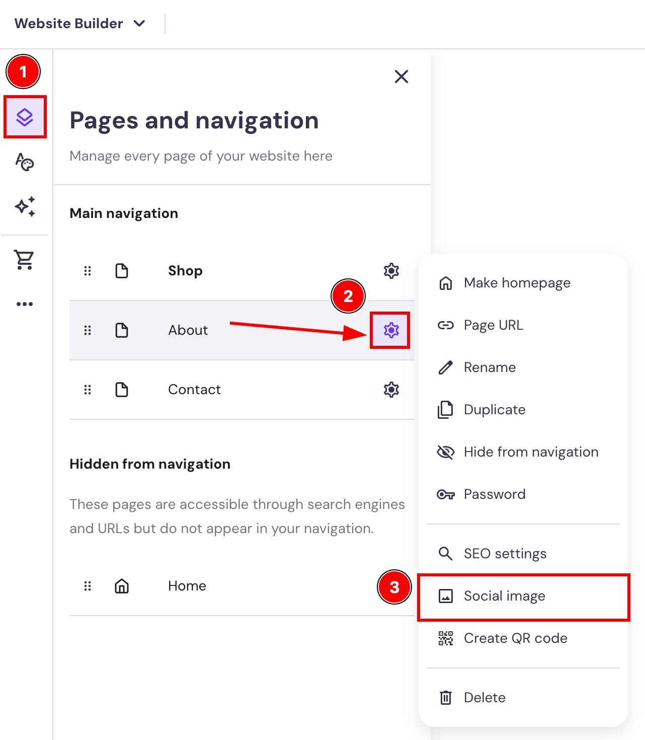 The page settings in Hostinger Website Builder