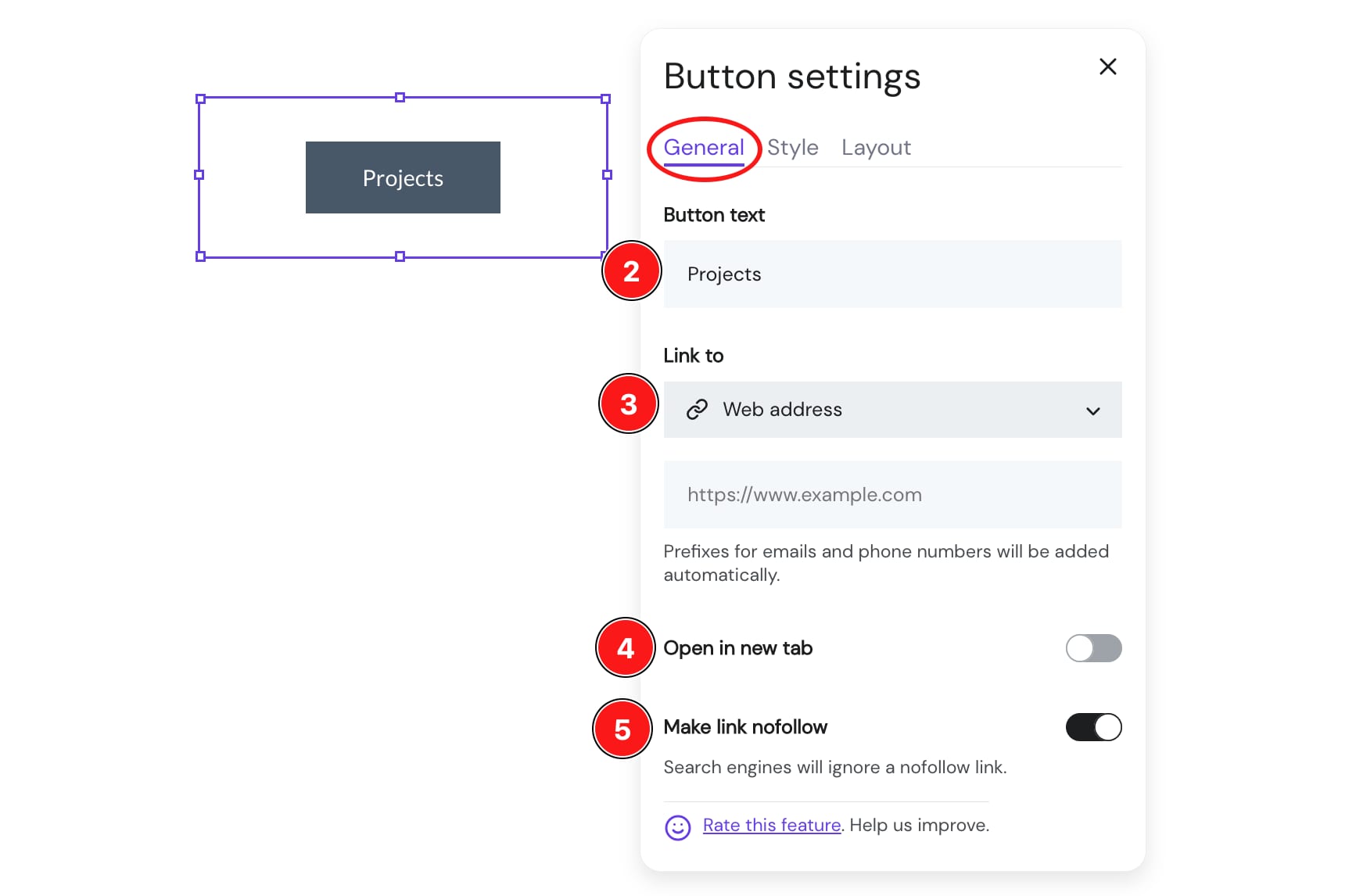 A button settings pop-up that allows adding a link to a button element