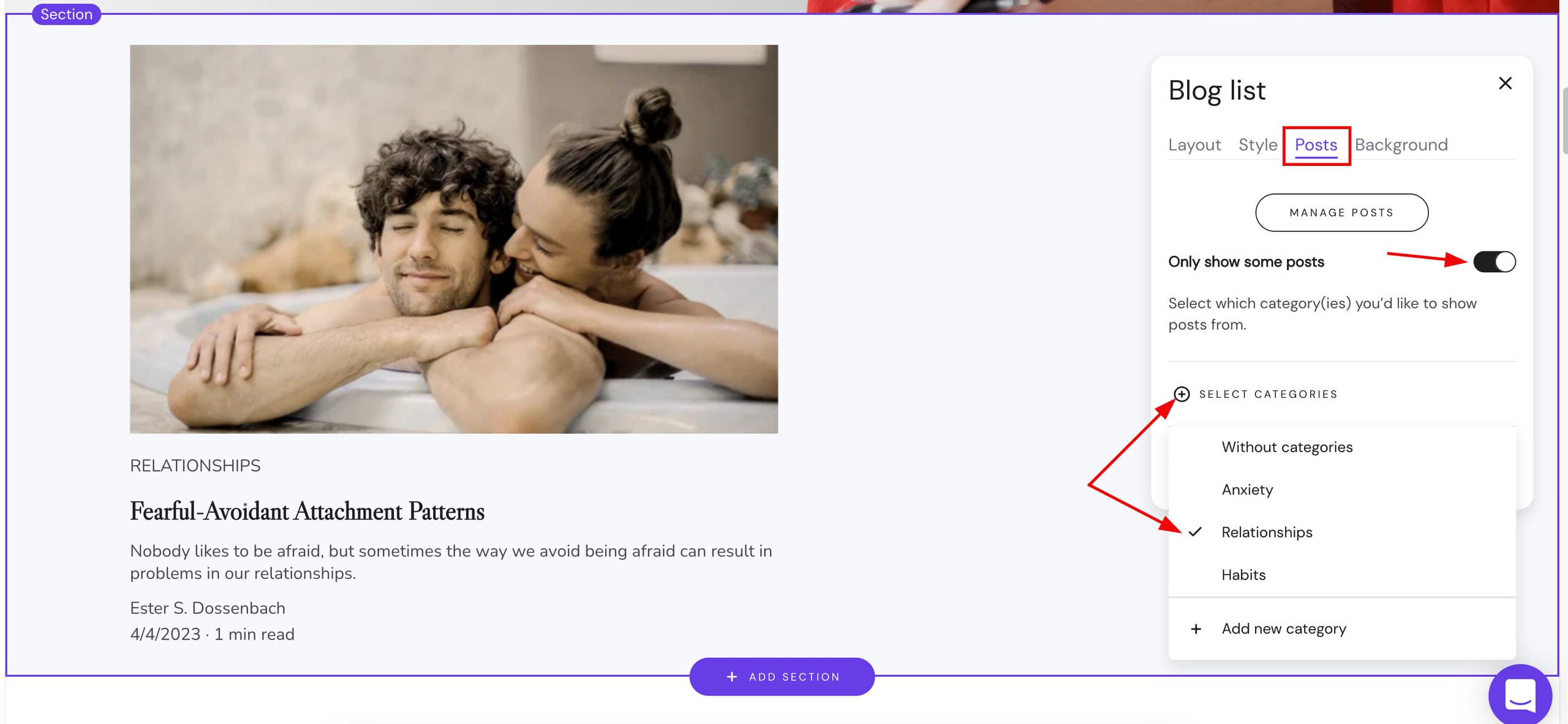  Accessing vlog section settings in Hostinger Website Builder