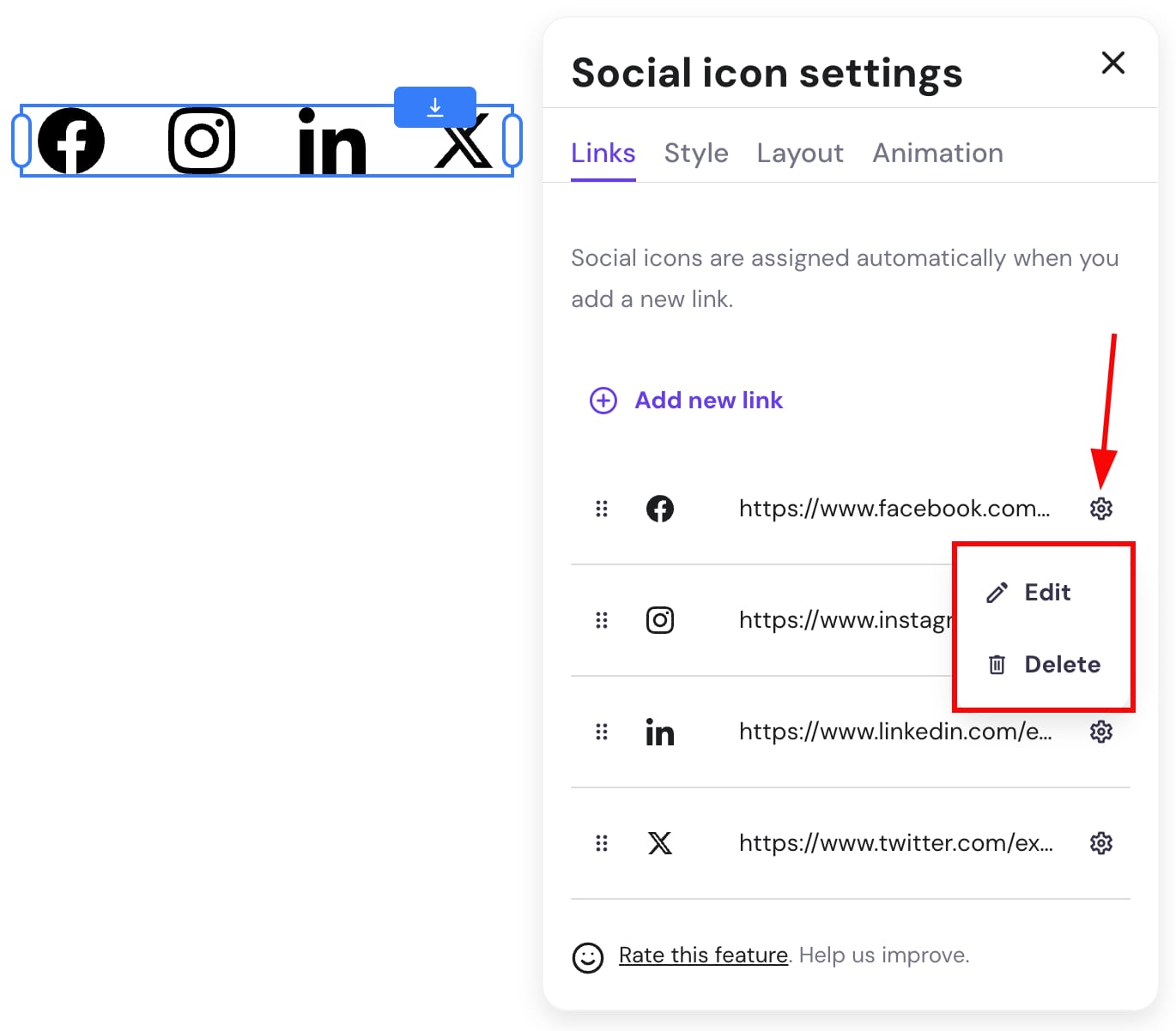 Managing social media icons