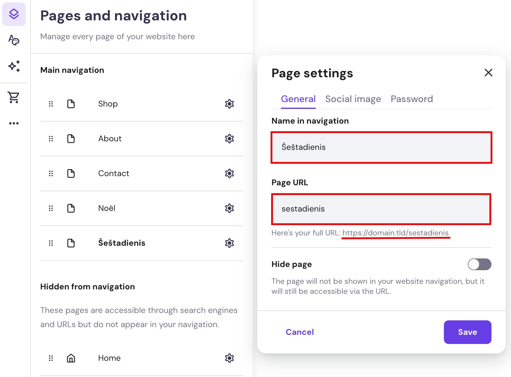 The page settings in Hostinger Website Builder