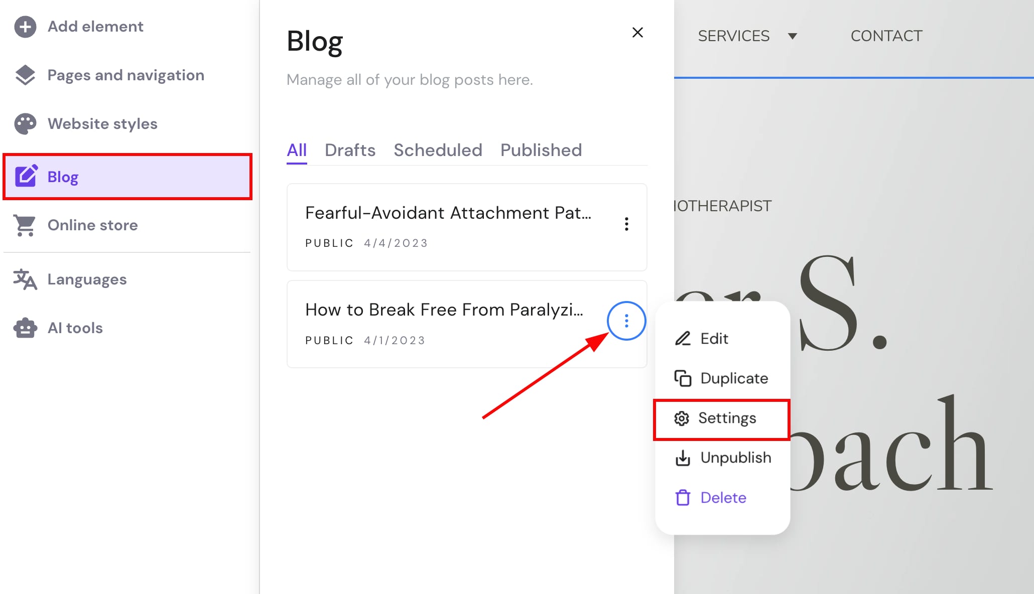 Blog post settings in Hostinger Website Builder