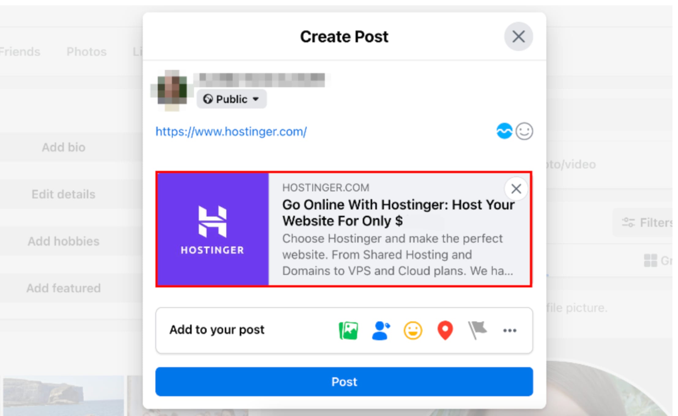 Example of meta title and description when sharing a link on social media