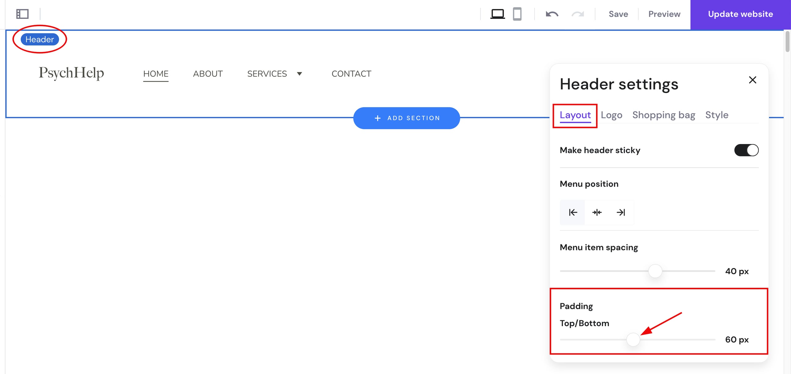 Resizing the header section in Hostinger Website Builder