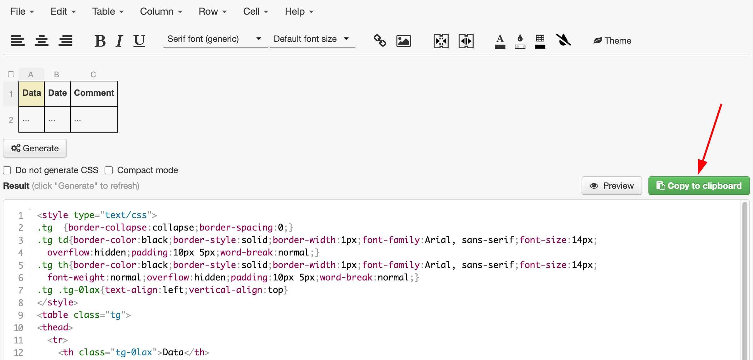 Copying the code of a table created with Tables Generator
