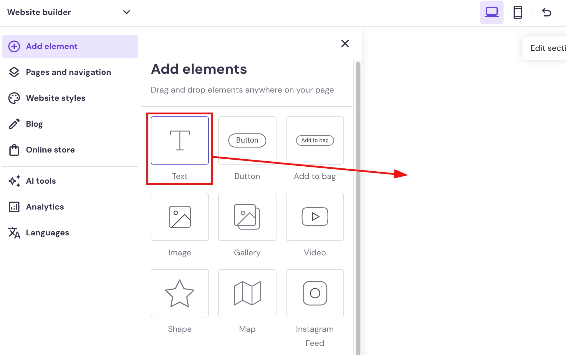 Adding a text element to a website using Hostinger Website Builder