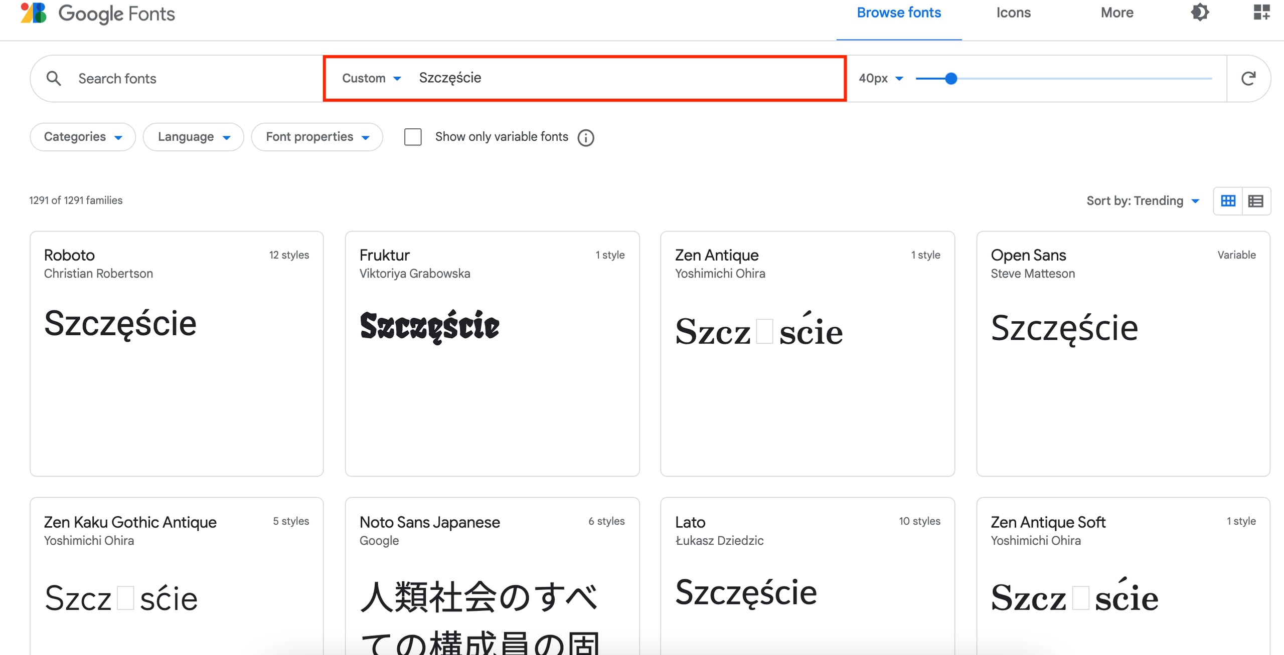 Previewing various fonts in Google Fonts