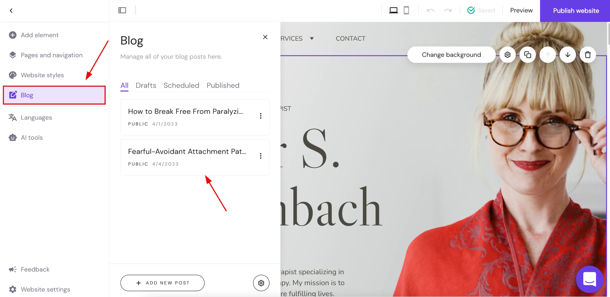 Blog management panel in Hostinger Website Builder