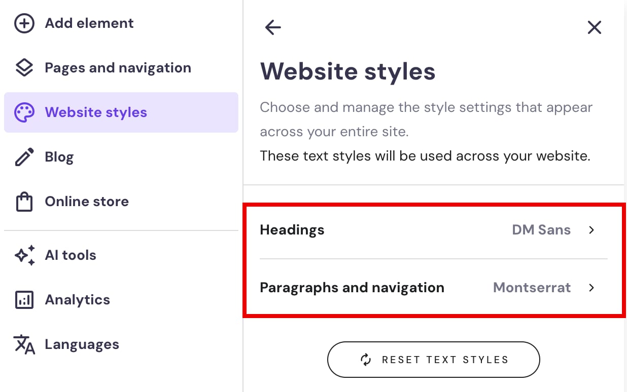 The global text style settings in Hostinger Website Builder