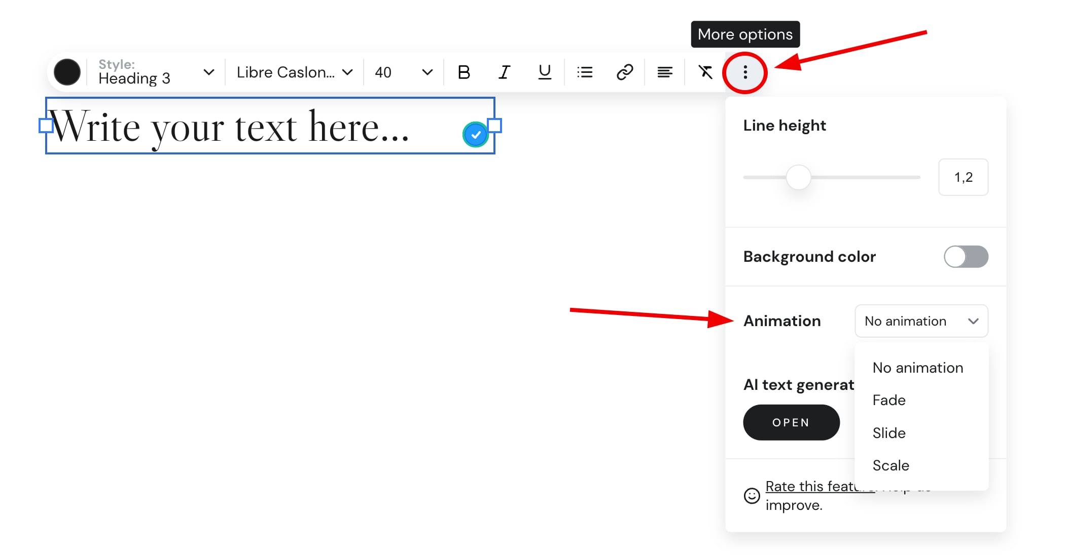 Text animation settings