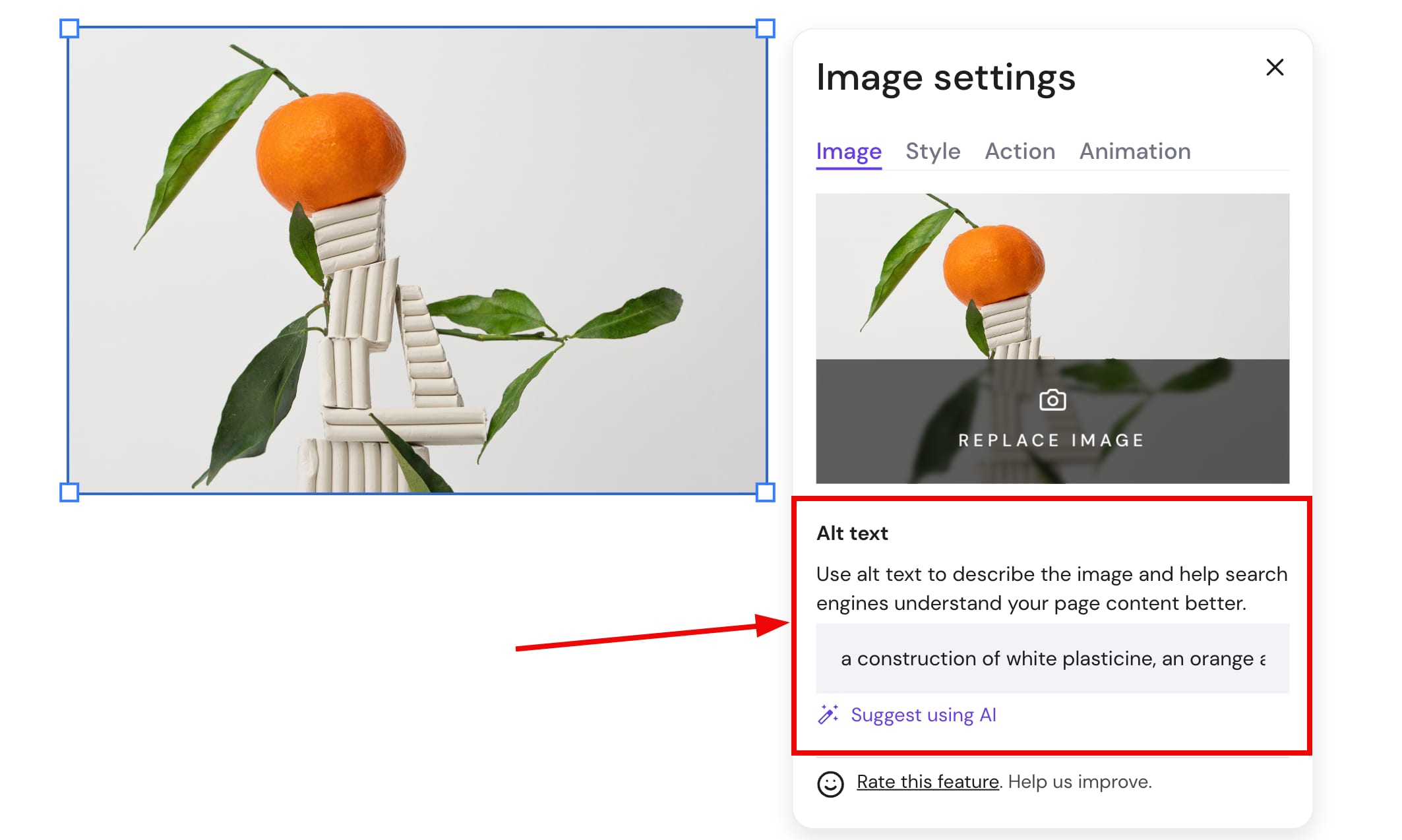 Adding alt text in the image element settings