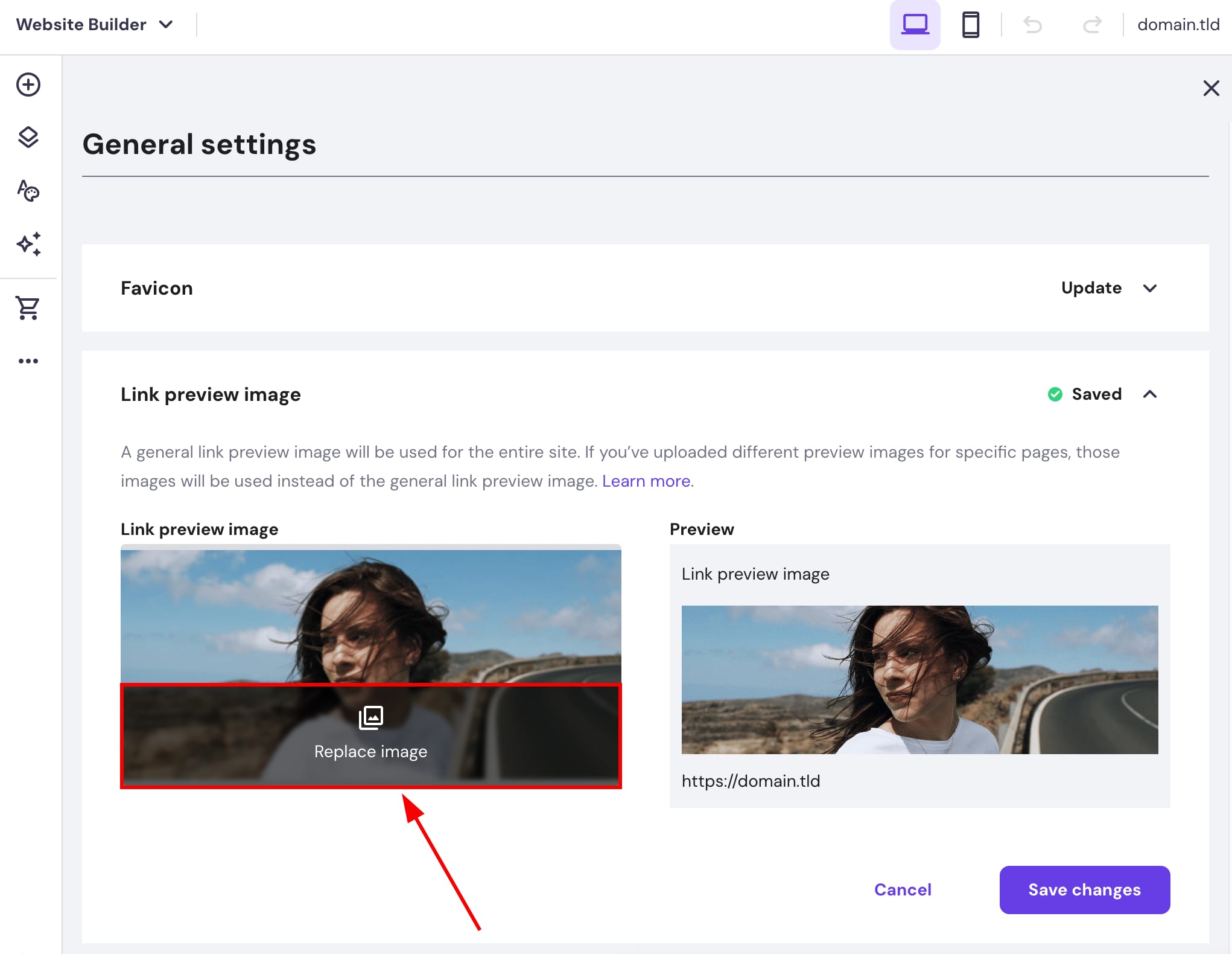 The general website settings in Hostinger Website Builder