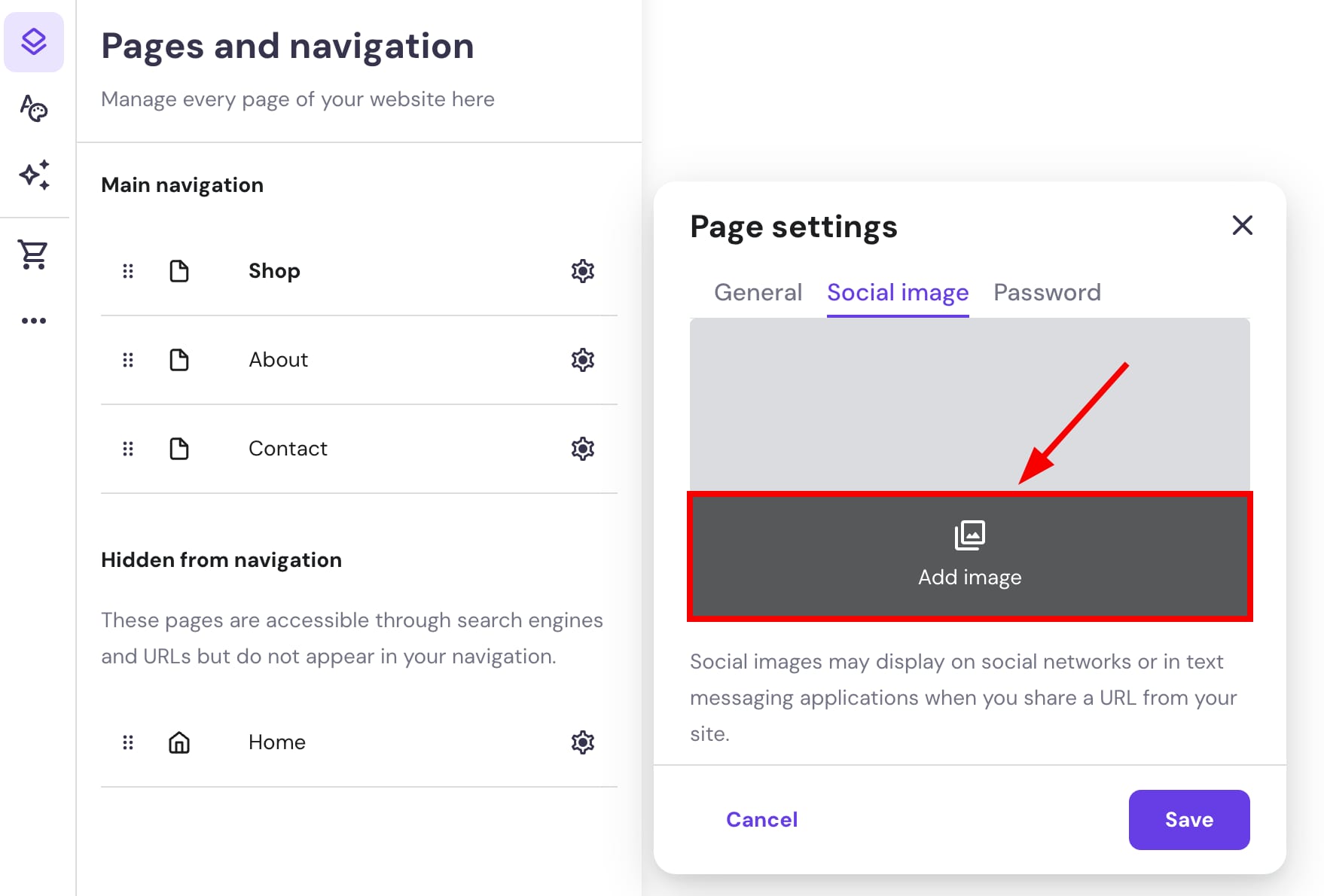 Adding a social image to a website page in Hostinger Website Builder