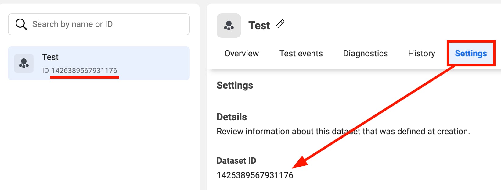 Finding the dataset ID in the Events Manager