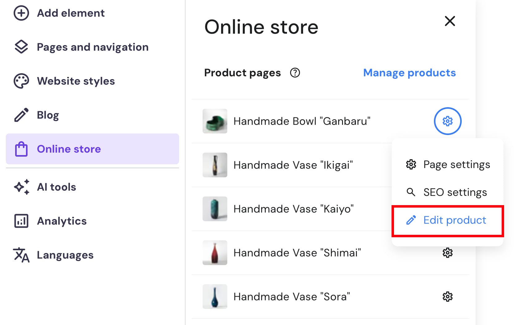 The way to edit a product in Hostinger Website Builder