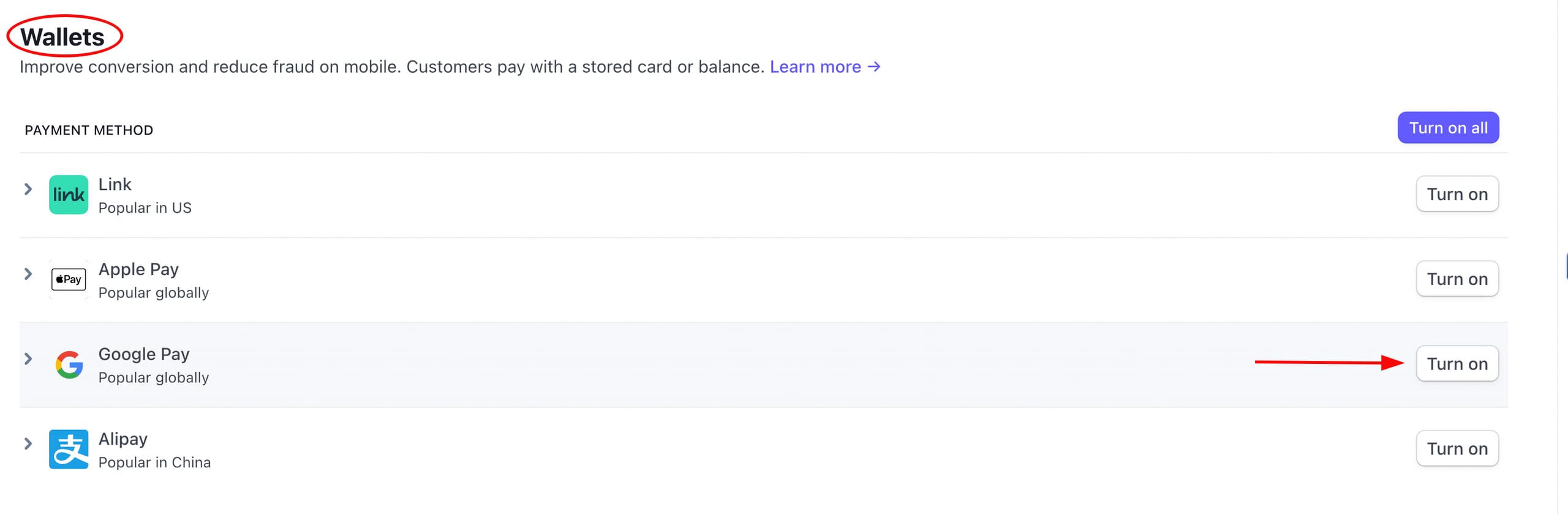 Payment method settings in Stripe