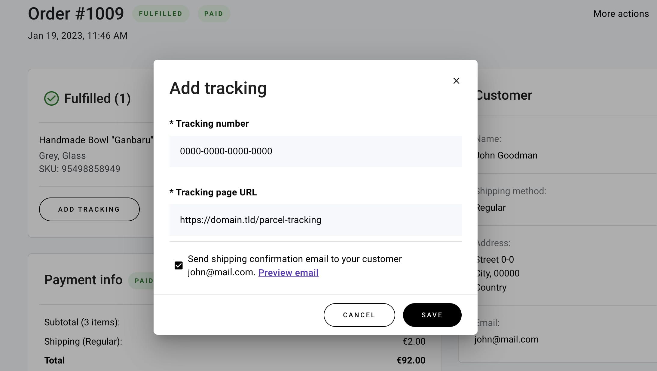 Adding order tracking information: the tracking number and the tracking page URL
