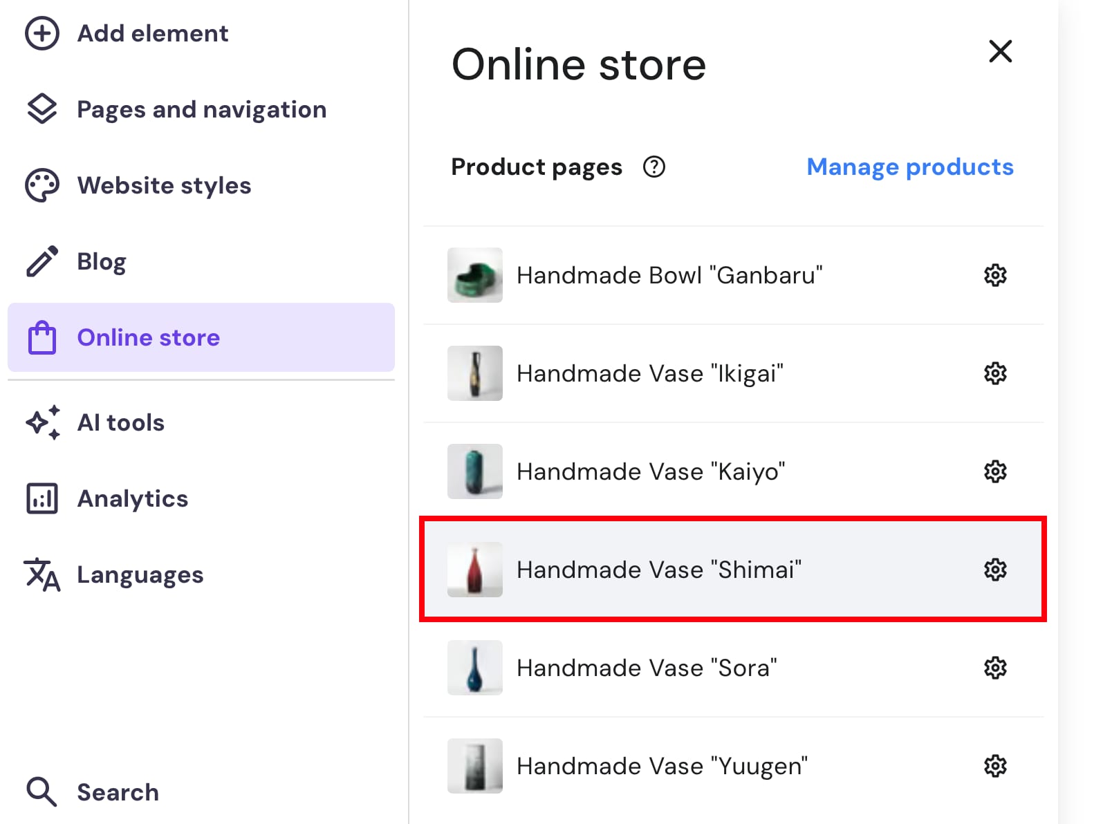 The way to access a product page in Hostinger Website Builder