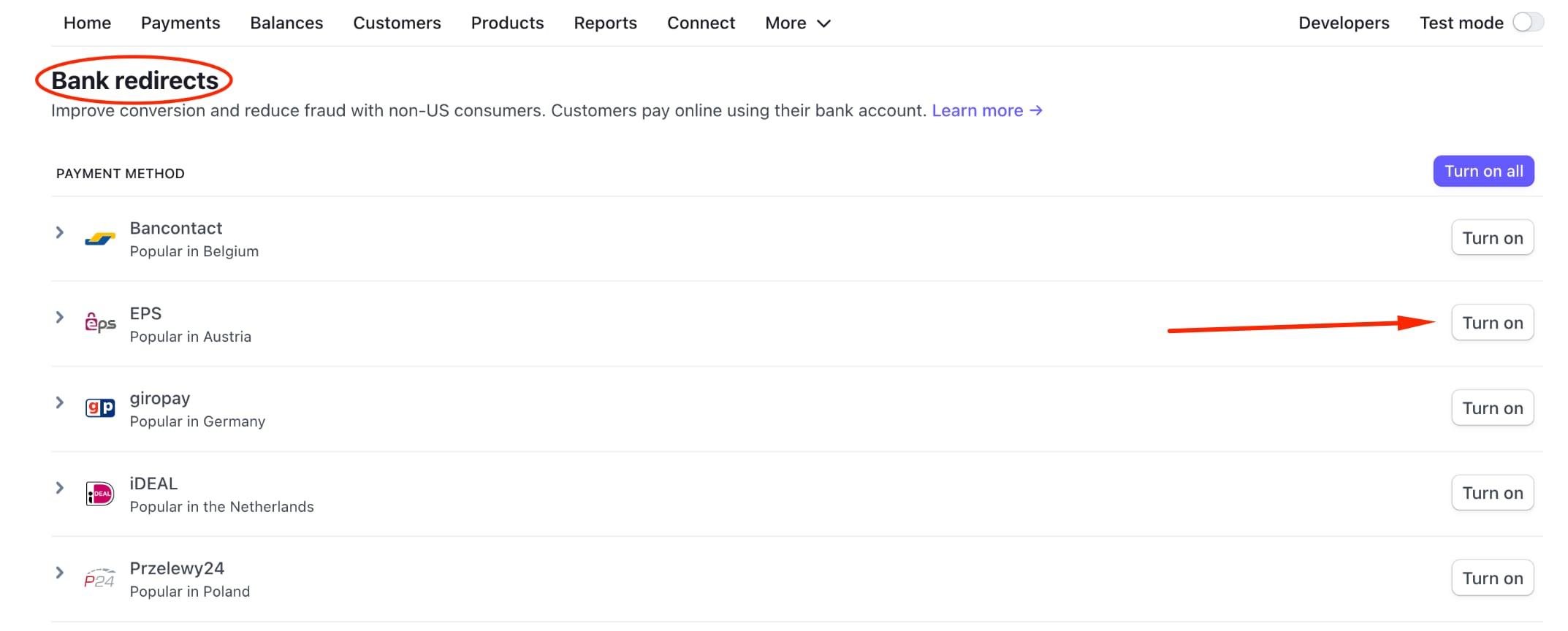 Payment methods settings in Stripe