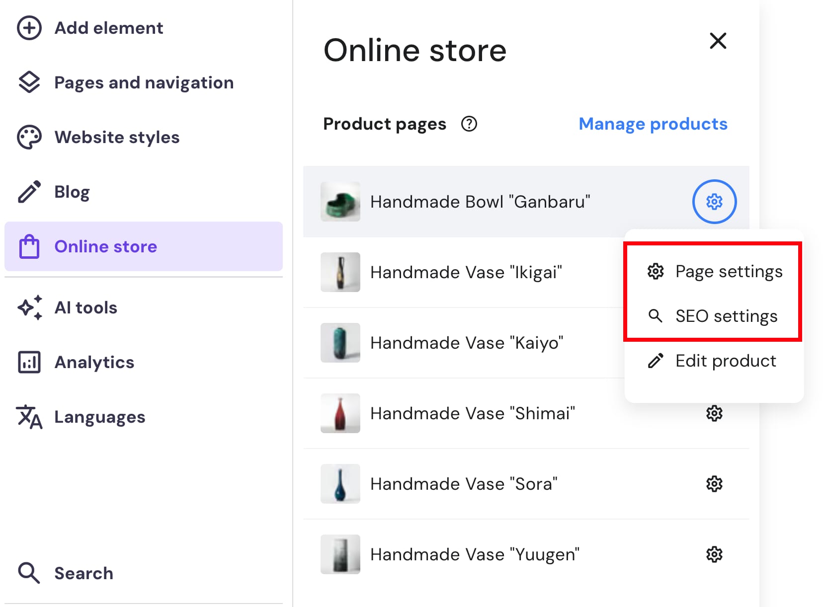 The way to access the product page settings