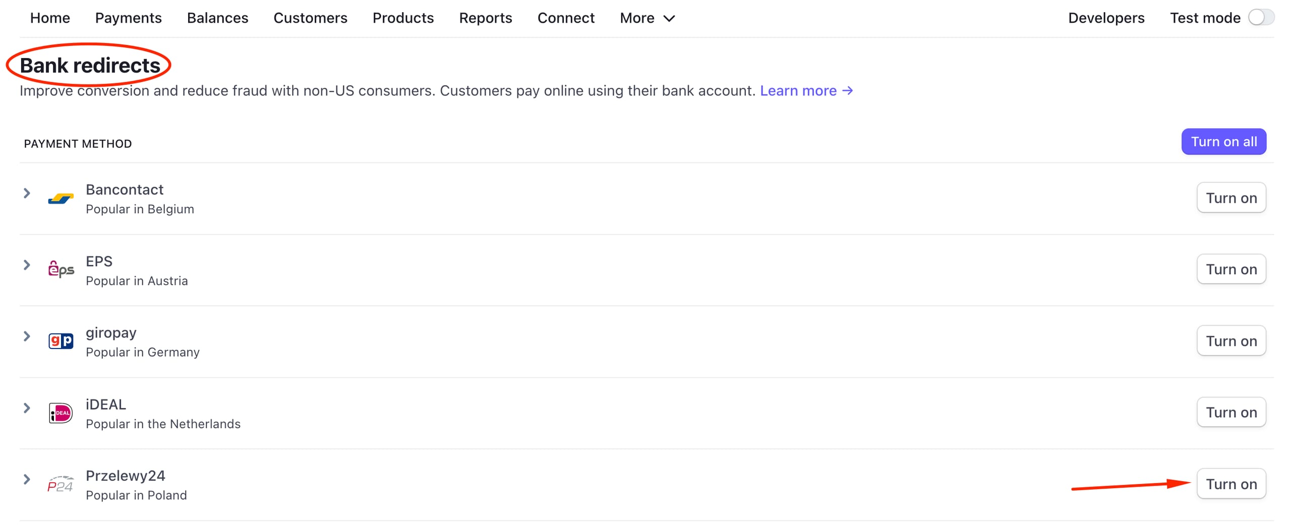 Payment methods settings in Stripe