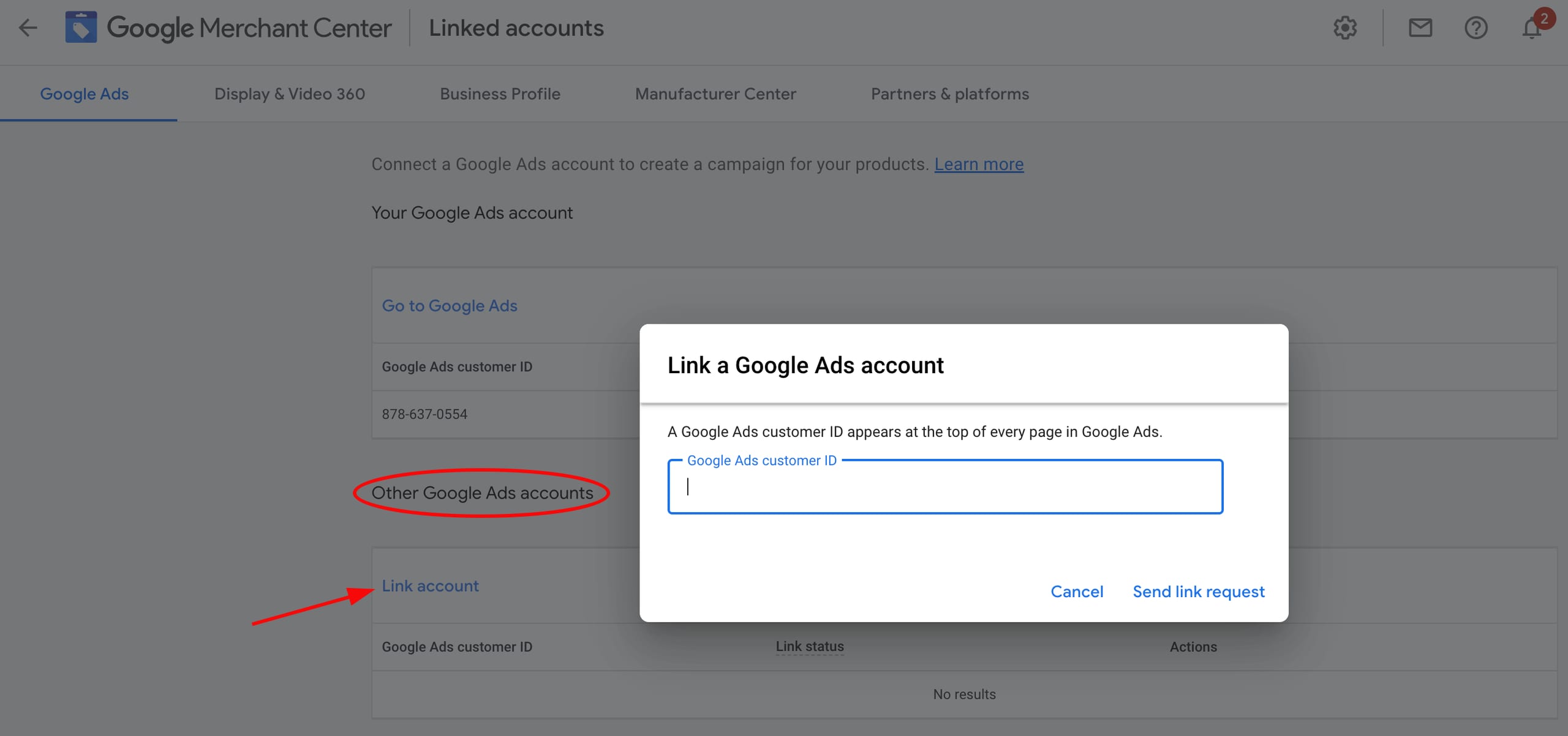 Linked accounts settings in Google Merchant Center