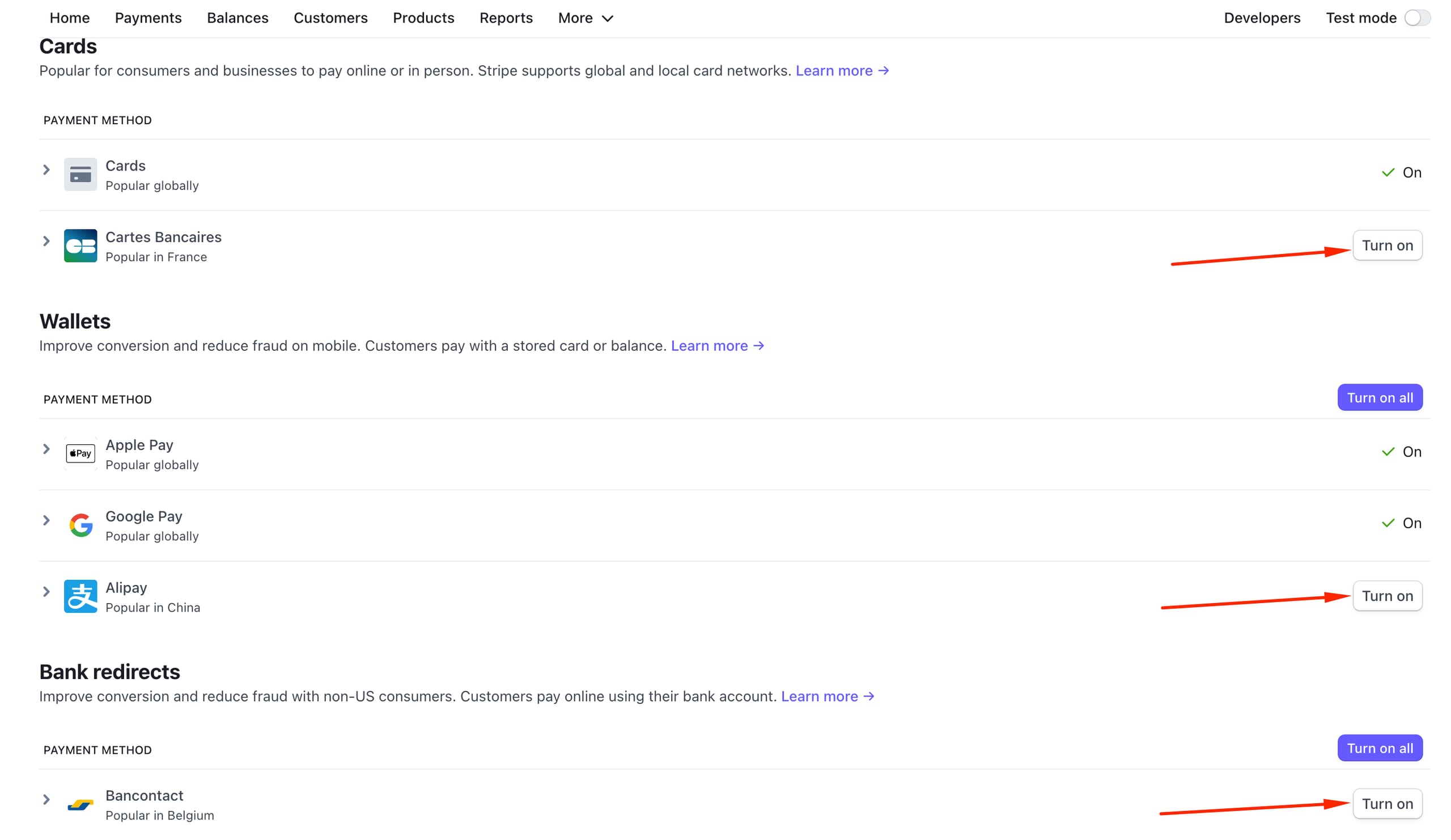 Payment settings in Stripe