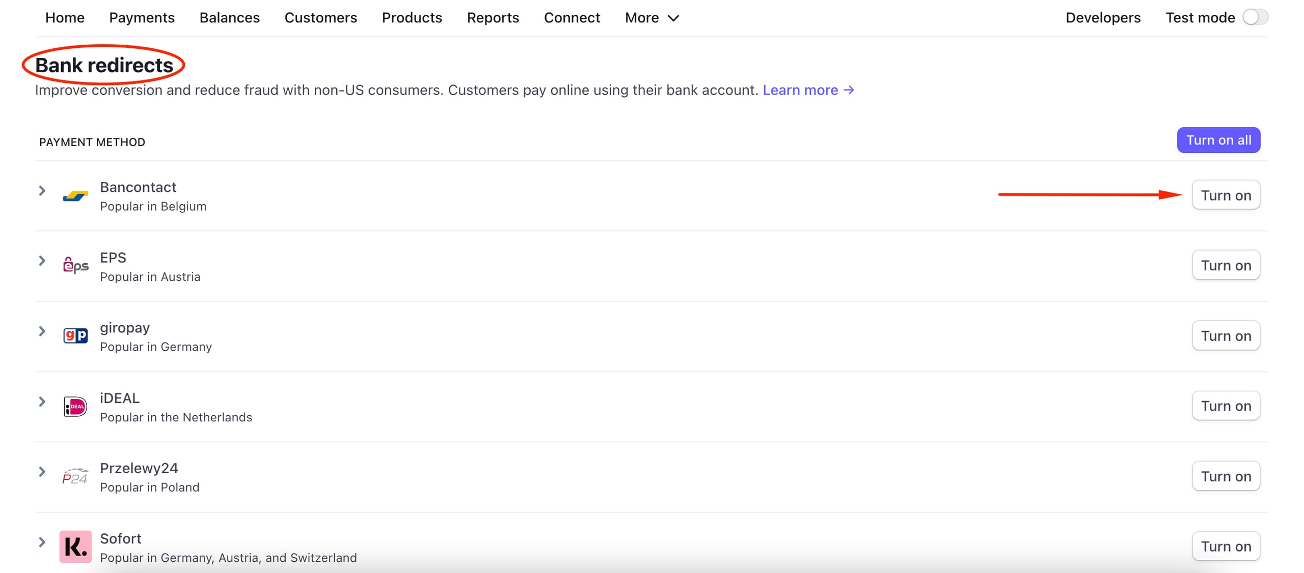 Payment methods settings in Stripe