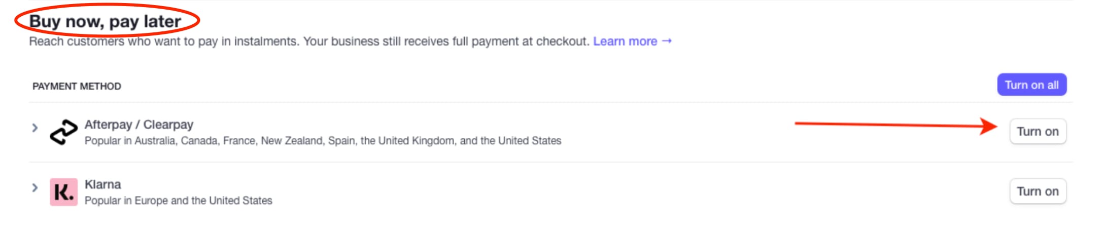 The Turn on button next to Afterpay / Clearpay in the Stripe payment methods settings