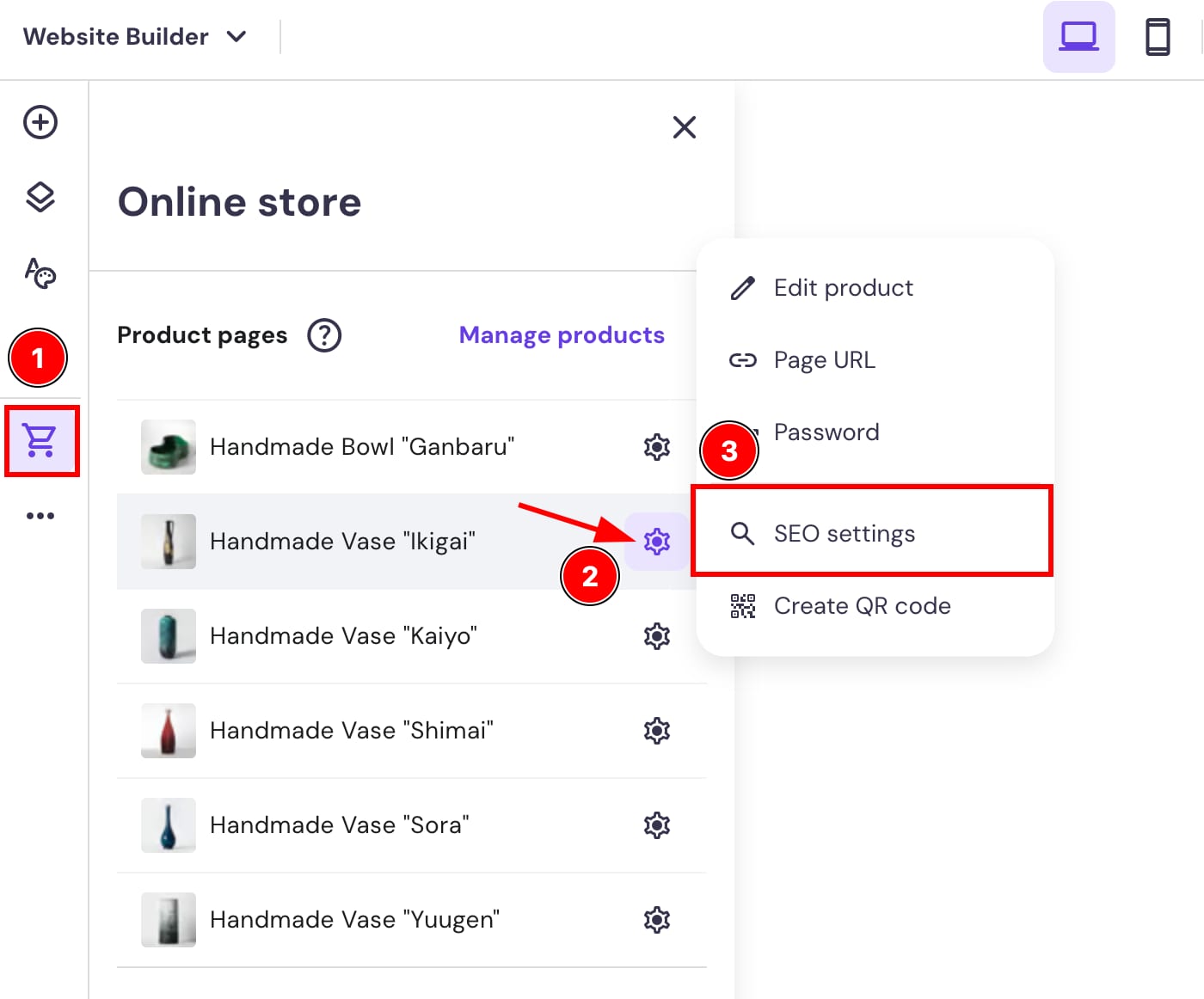 The product SEO settings in Hostinger Website Builder