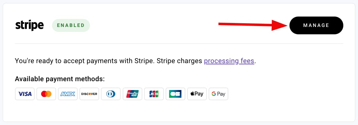 Stripe settings in Hostinger Website Builder's store management area
