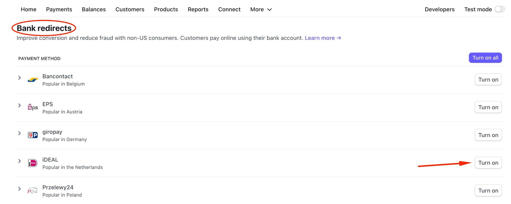 Payment methods settings in Stripe