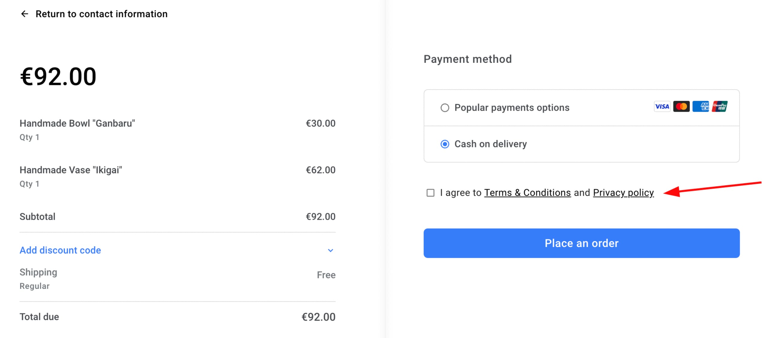 The checkbox for agreeing with store's Terms & Conditions and Privacy Policy