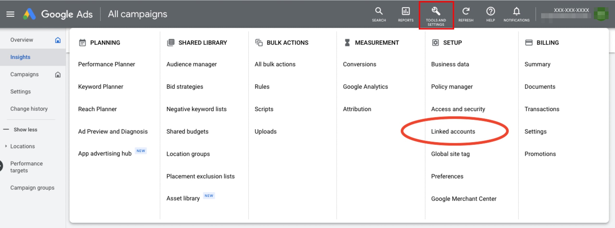 Linked accounts settings in Google Ads