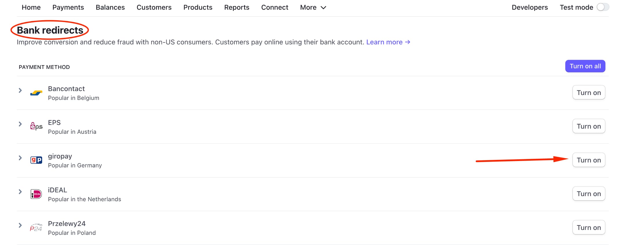 Payment methods settings in Stripe