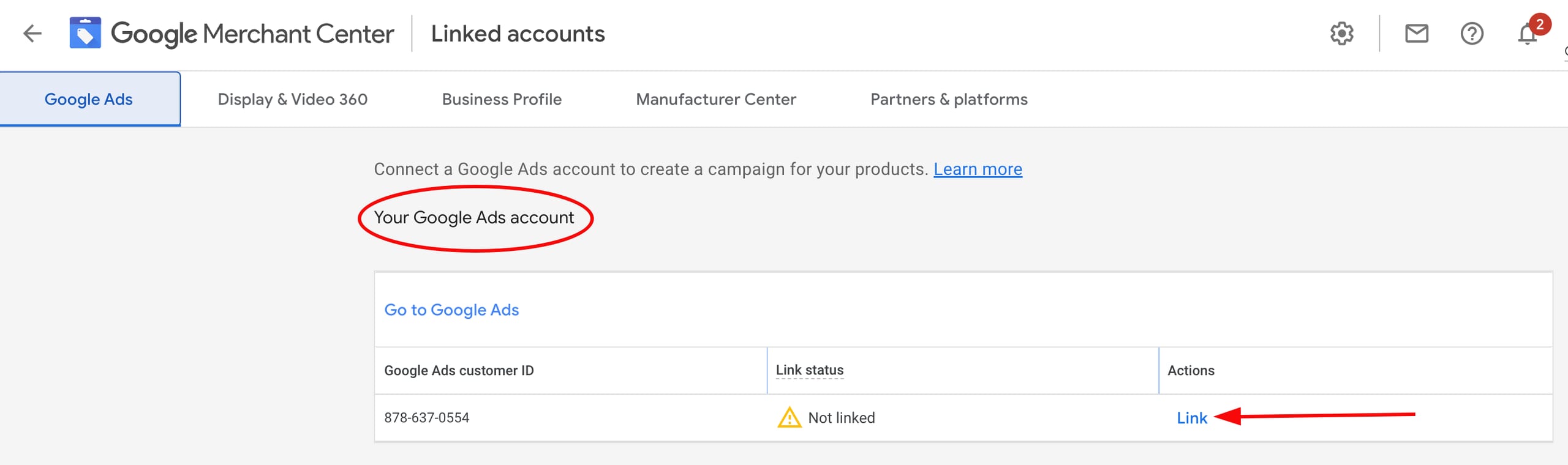 Linked accounts settings in Google Merchant Center