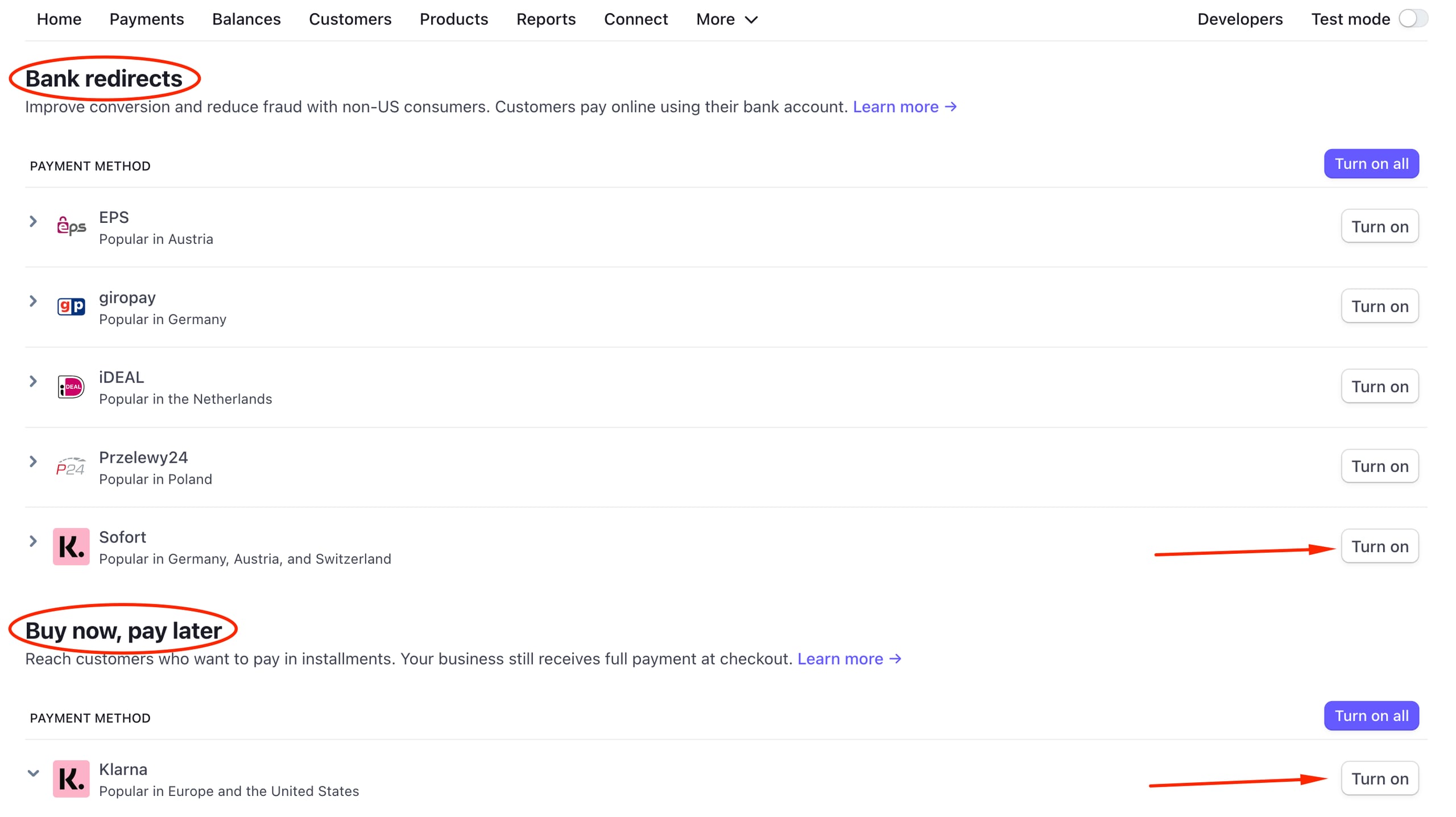 Enabling Klarna payments via Stripe dashboard
