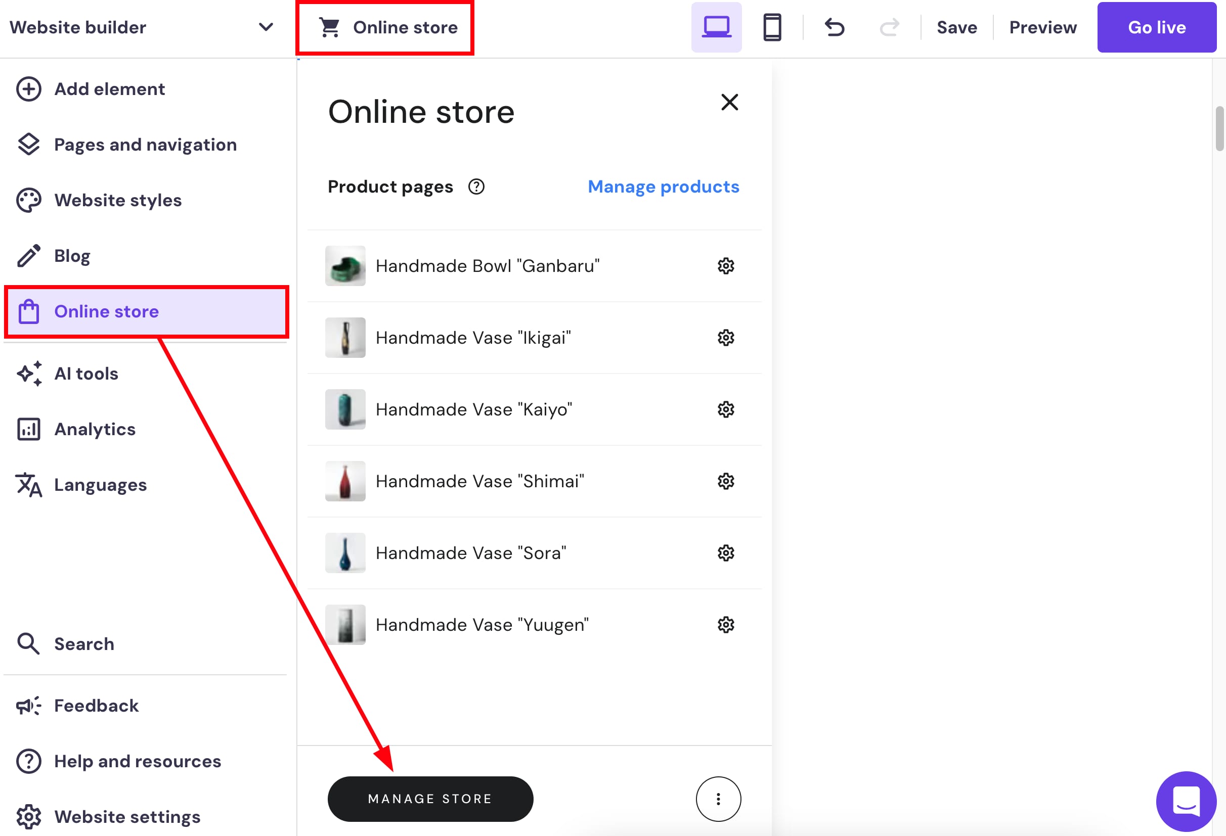 Buttons to enter the online store management area